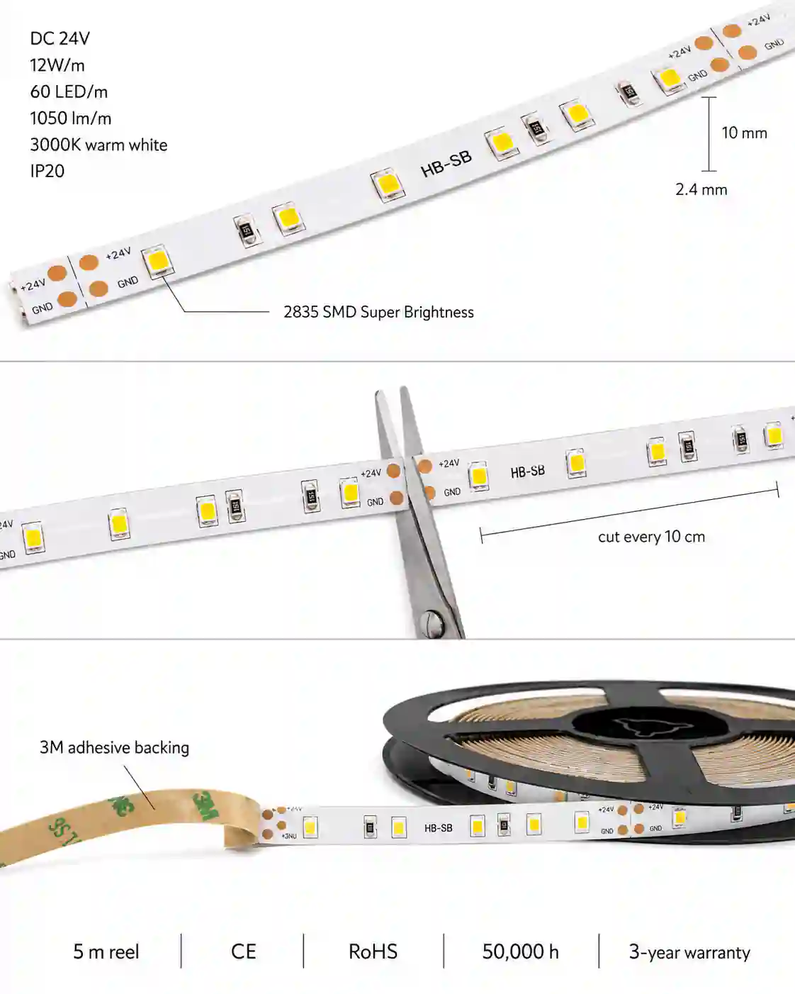 LED pásek SB3-300 24V instalovaný v hliníkovém profilu pod kuchyňskou linkou vnitřní osvětlení teplá bílá